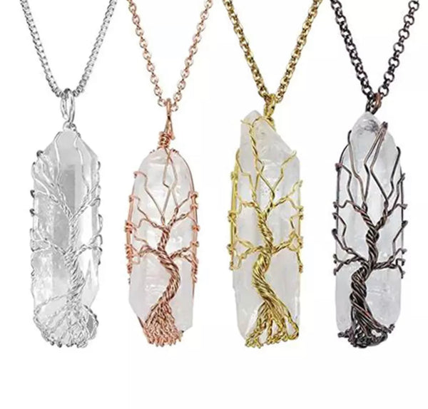 Wire Wrapped Tree of Life Quartz Crystal Pendant