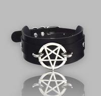 Gypsy Rose Goth Pentagram Wide Leather Choker Collar Wicca Necklace