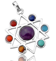 7 Chakra Symbol Shield Star of David Hexagram Silver Crystal Pendant Necklace