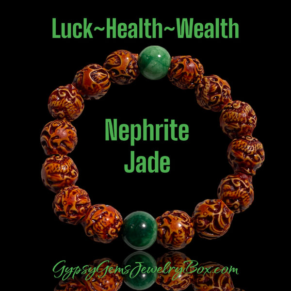 Natural Nephrite JADE & Rudraksha Carved Phoenix & Dragon Energy Bead Bracelet ~ Grandiose 14-15mm