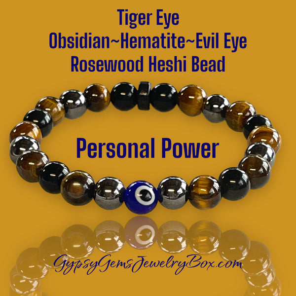 Tiger Eye-Obsidian-Hematite Natural Stone + Ebony Wood Bead Energy Bracelet