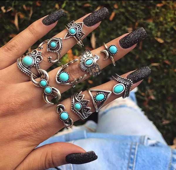 Boho Tribal Turquoise Stackable 11 pc Rings Set