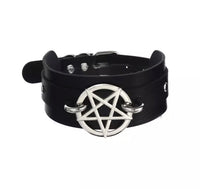 Gypsy Rose Goth Pentagram Wide Leather Choker Collar Wicca Necklace