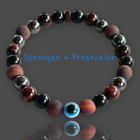 Red Tiger Eye-Obsidian-Hematite Natural Gemstone + Evil Eye Bead Energy Bead Bracelet