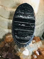 Tourmaline Black Rough Natural Gemstone .925 Sterling Silver Oval Statement Ring (Size 7.5)