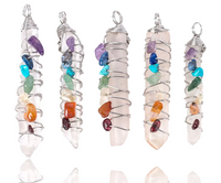 7 Chakra Quartz Crystal Wire Wrapped Silver Crystal Point Pendant Necklace