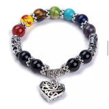 7 Chakra & Silver Heart Charm - FOUR Different Bracelet Style Choices: Obsidian • Jade • Tiger’s Eye • Green Imperial Jasper (10mm) Grande Round Smooth Stretch Natural Gemstone Crystal Energy Bead Bracelets