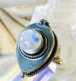 Moonstone Rainbow Gemstone .925 Sterling Silver Locket Ring (Size 8)