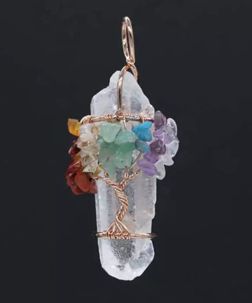 Copper Wire Wrapped Tree of Life Lemurian Seed Quartz Crystal Point 7 Chakra Pendant