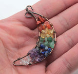 7 Chakra Crescent Moon Copper Wire Wrapped Crystal Pendant Necklace