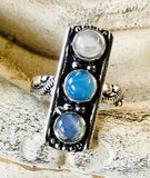 Opalite Trio Sri Lanka Moonstone Gemstone .925 Sterling Silver Ring (Size: 8)