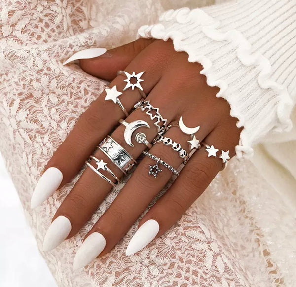 Boho Star and Moon Stackable 10 pc Rings Set
