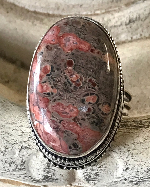 Jasper Leopard Skin Gemstone .925 Sterling Silver Ring (Size 9)
