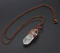Crystal Natural Gemstone Wire Wrap Coil Double Point Pendant Necklace