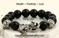 Feng Shui - Black Obsidian Pixiu Wealth Prosperity (12mm) Silver  Dragon The Genuine Energy Bead Bracelet