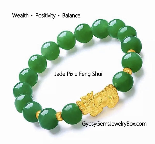 Feng Shui Pixiu Green Jade Gold Dragon Wealth Luck Stretch (8mm) Natural Gemstone Crystal Energy Bead Bracelet