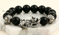 Feng Shui - Black Obsidian Pixiu Wealth Prosperity (12mm) Silver  Dragon The Genuine Energy Bead Bracelet